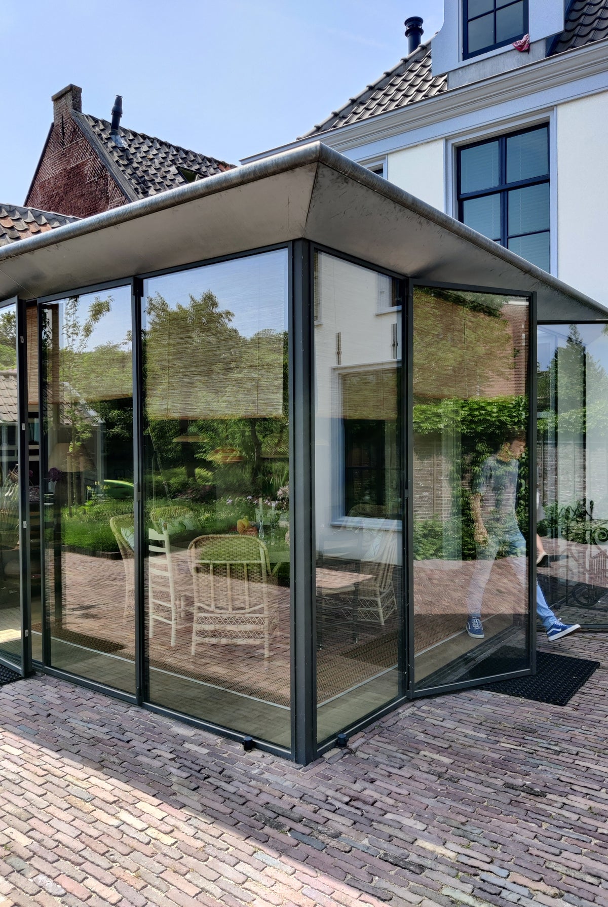 Rollupblinds, raambekleding serre, houten geweven blinds