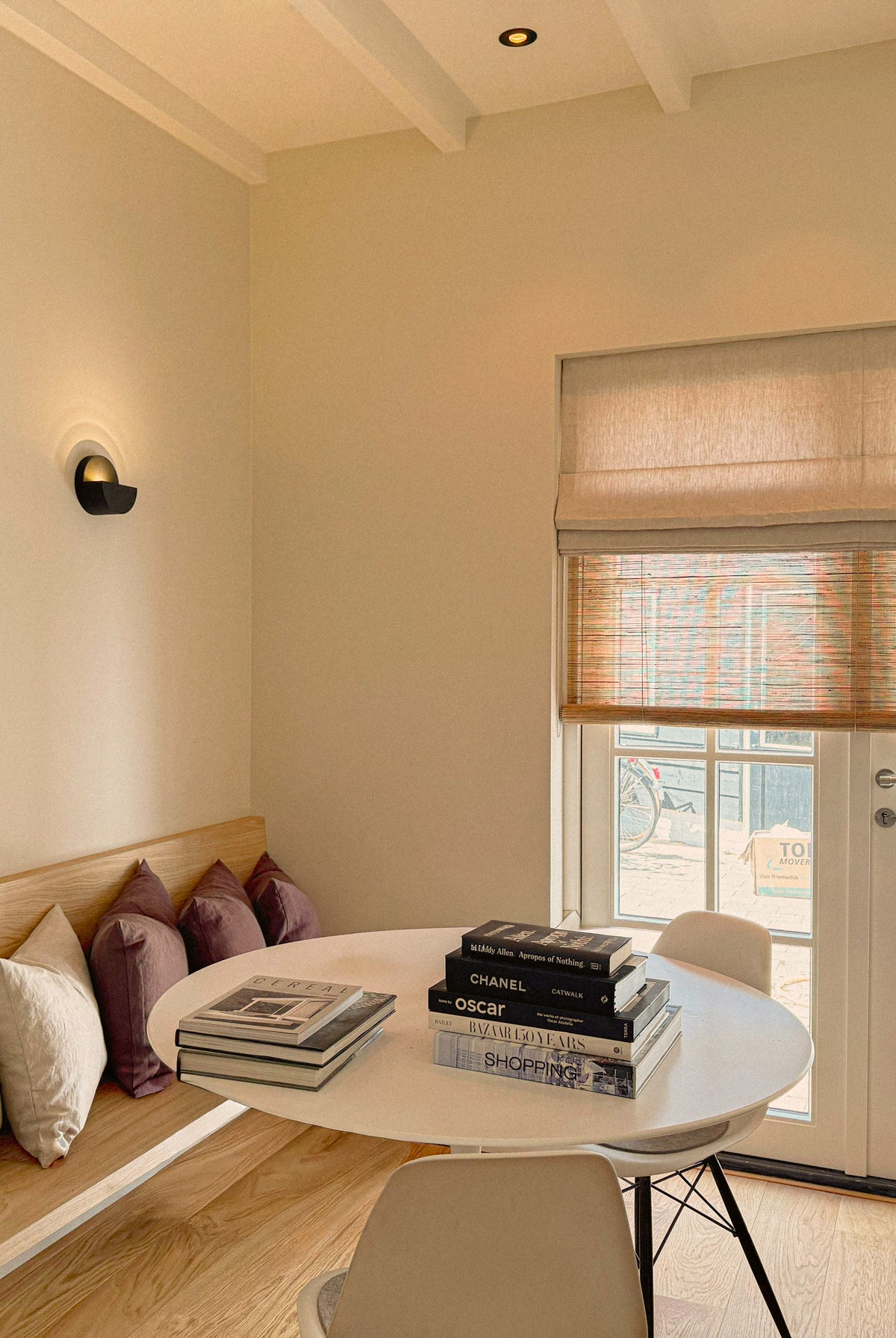 Oatmeal Baltex linen roller blind from Tuamoto collection by Balttex Blinds, showcasing elegant fabric and sleek design.